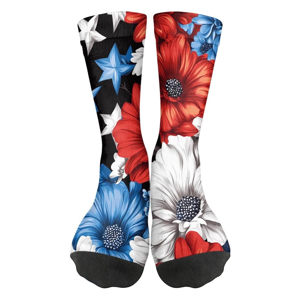 Women Breathable Comfortable Crew Socks Mid Calf Socks with Independence Day Themed Print Soft Stretchy Material for Daily Wear