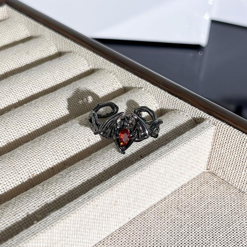 Unisex Halloween Bat Cross Flame Ring with Red Thorns and Flowers - Dark Style Fashion Finger Accessory