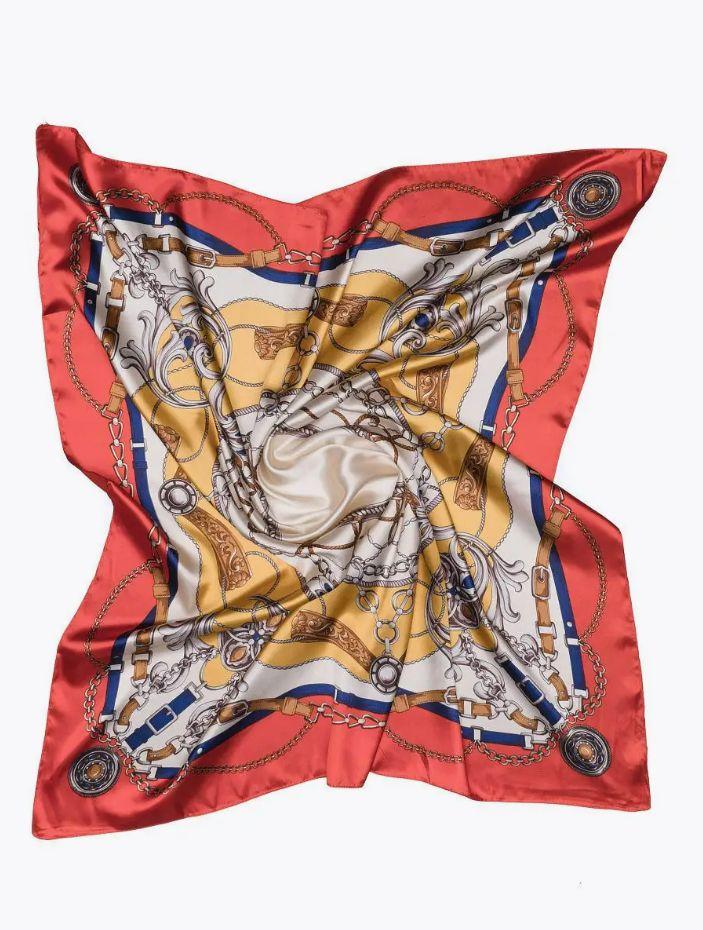 

Women s imitation silk printed square scarf, 90cm, shawl, head covering scarf One Size красный
