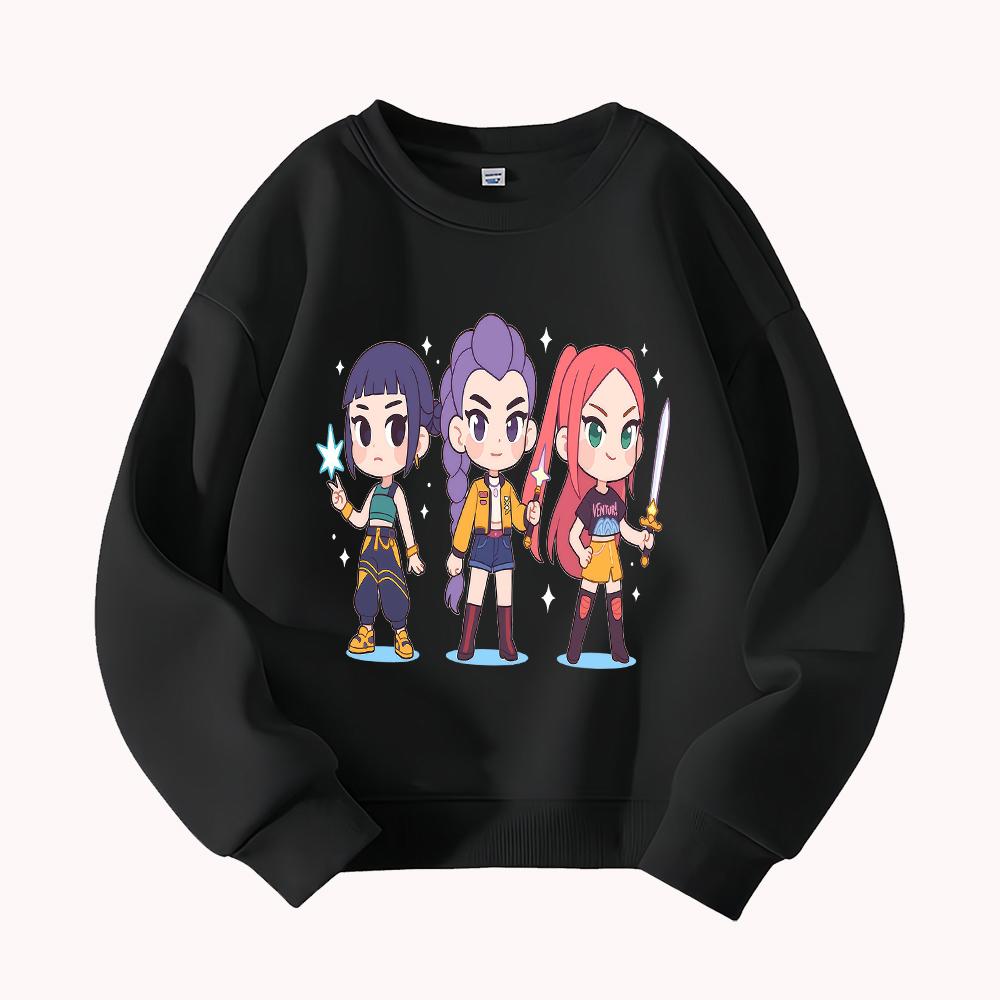 Demon Hunter Cute Anime Girl Trio Print Round Neck Sweatshirt Casual Loose Pullover for Women Teenagers