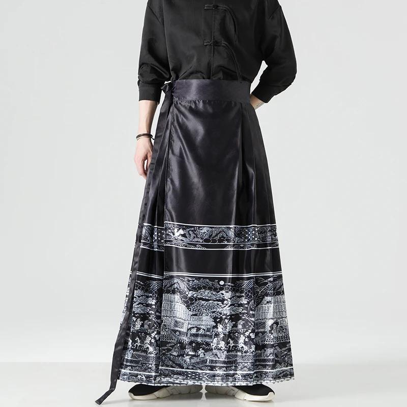 Men Vintage Pleated Horse Face Skirt Male Street Wear Black Hanfu Skirt Pants Men Women Chinese Style Harajuku Skirts