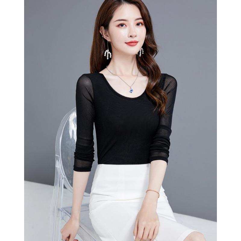 

Four Seasons Womens Clothing Mesh Base Womens Long-sleeved T-shirt Underwear Glittering Silk Top 3XL чорний