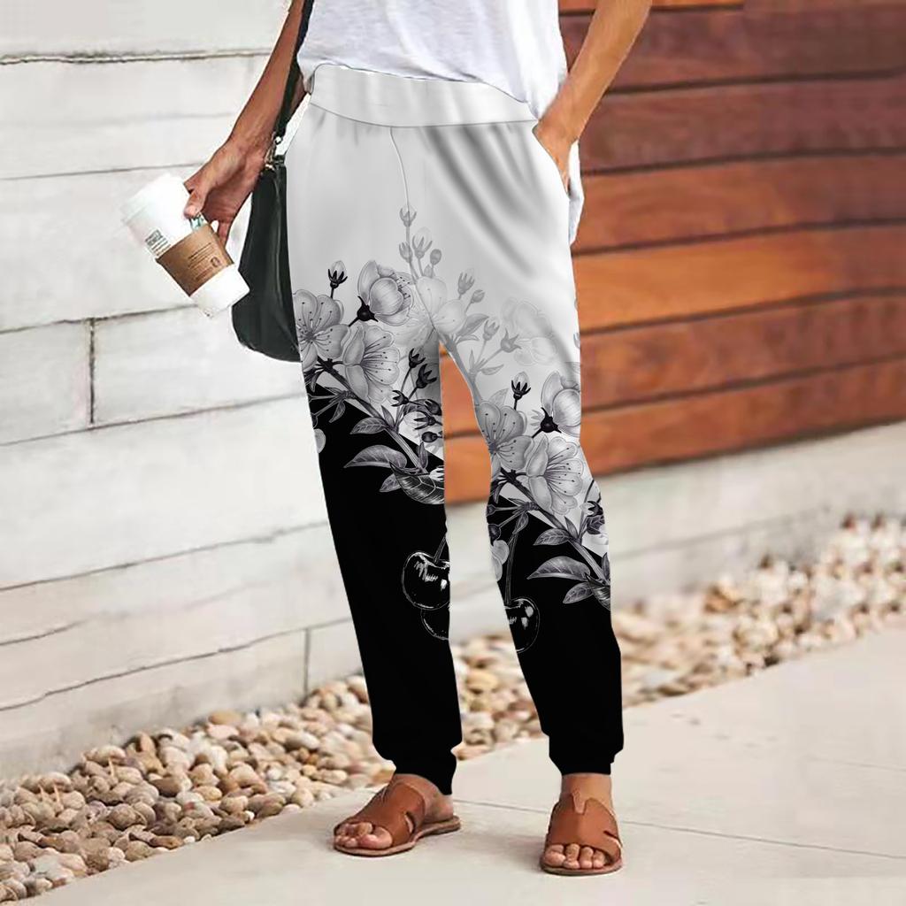 Women 3D Blue Pearl Rose Print Pants Lace Up Elastic Waist Loose Trousers Casual Long Pants Trousers with Pockets