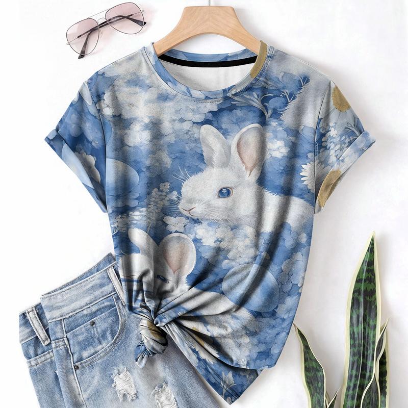 Damen Kaninchen T-Shirt Sommer Rundhals Kurzarm 3D Gedrucktes Elementmuster Lässiges Modehemd