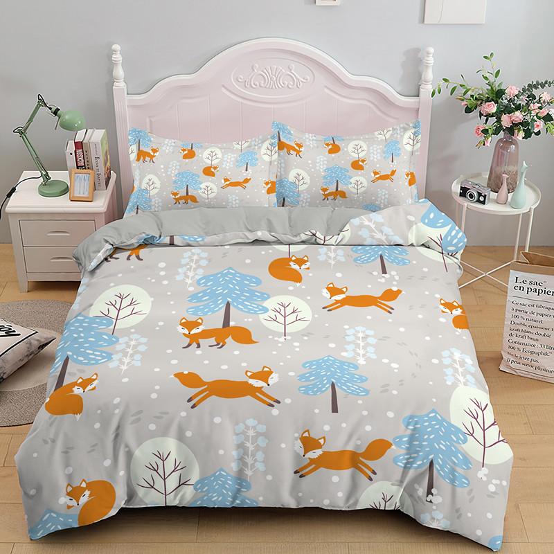 Comforter Cartoon Fox King Queen Lovely Orange Animal Floral Bedding Set Kids Girls Flowers Plant 2/3Pcs