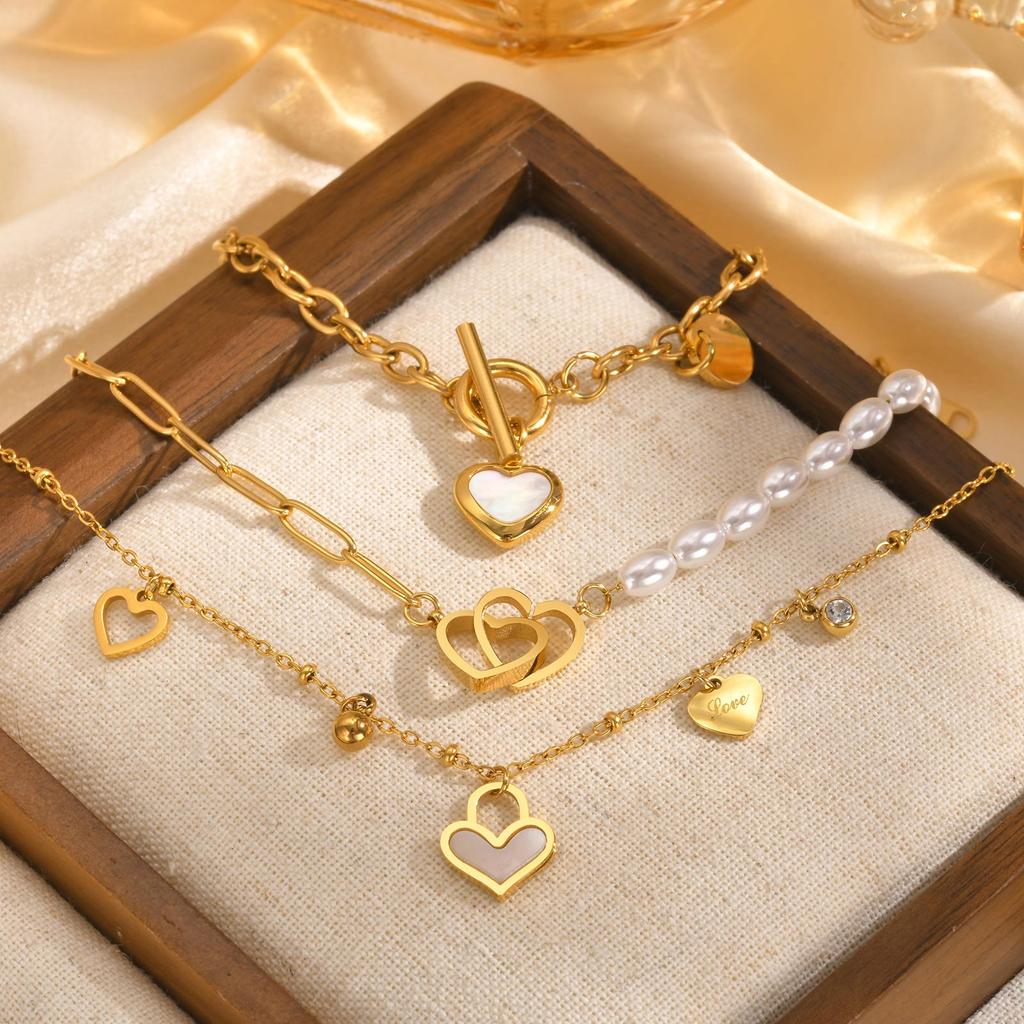 Round Cross Chain Shell Heart Shaped OT Buckle Bracelet for Women Rectangular Chain Double Ring Imitation Pearl Bracelet Jewelry