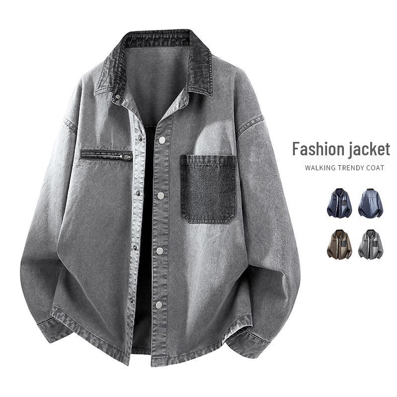Men's Spring 2026 Retro Washed Cotton Jacket with Patchwork Lapel - Casual Trendy Outerwear