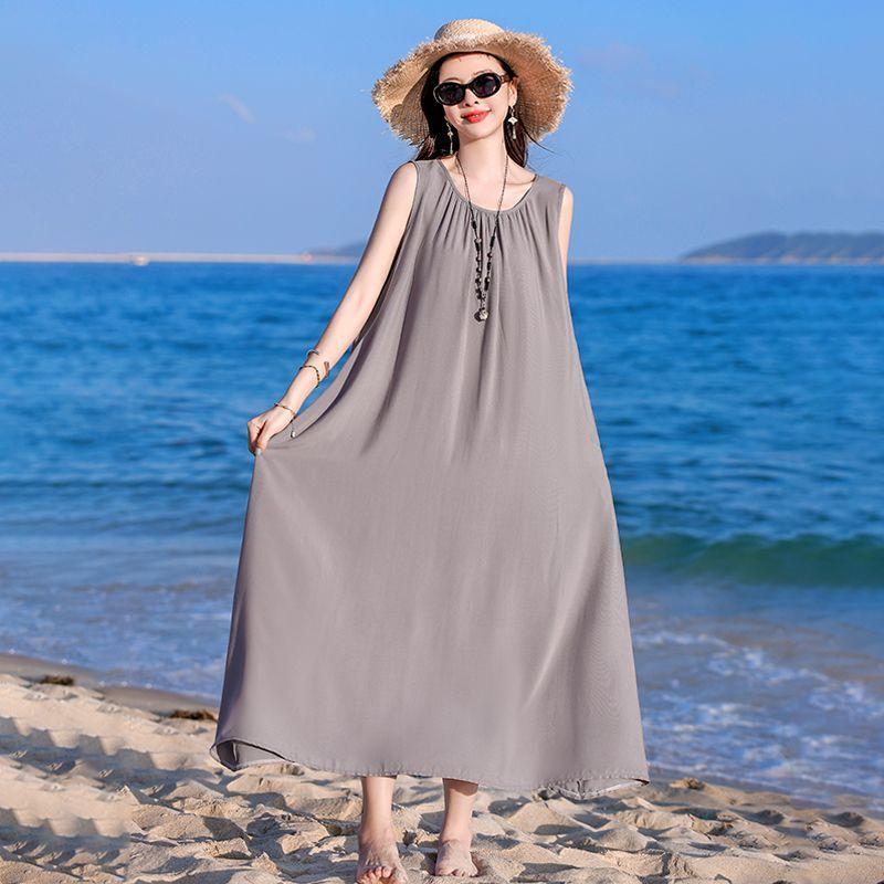 Sleeveless Cotton Dress Summer Loose Plus Size Slimming Vest Vacation Long Dress Elegant Beach