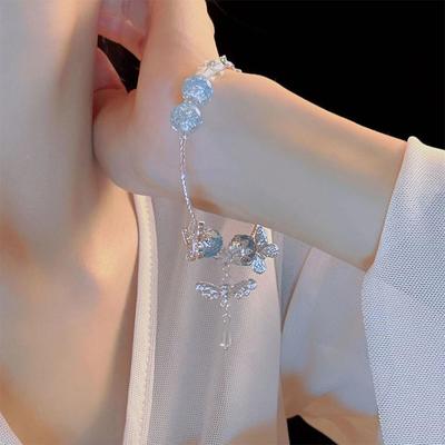 Chinese Style Fresh Butterfly Pendant Beaded Bangles Girl Simple Vintage Glass Bracelet For Women  Retro Jewelry Gifts