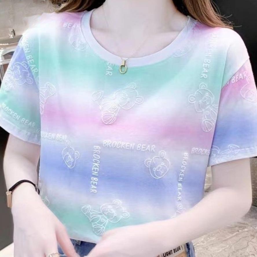 Women's Fashion Casual Summer Spring Colour Block Print Short Sleeve O-Neck Blouses & Shirts