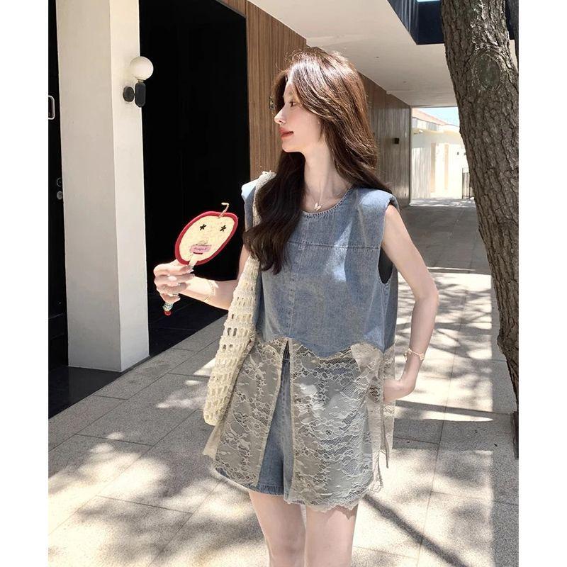 

Lace Patchwork Denim Vest & Shorts Set for Women - 2026 Summer Fashion S 40-50 kg