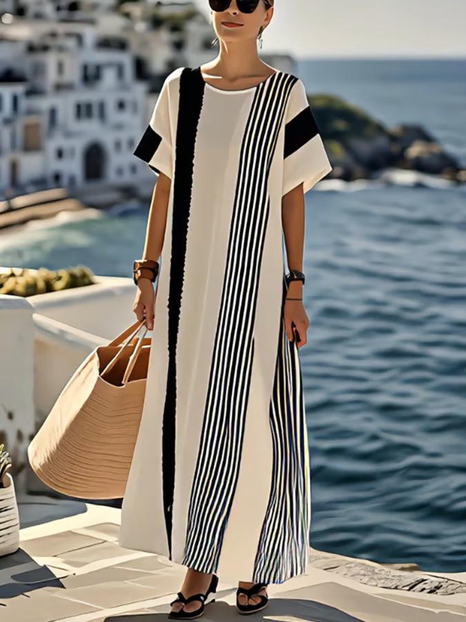 2026 Spring Color Block Print Round Neck Loose Women's Dress