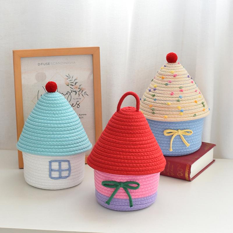 Cartoon Hausform Baumwollseil Gewebter Aufbewahrungskorb mit Deckel Großes Fassungsvermögen Niedlich Schlafzimmer Aufbewahrung Spielzeugkörbe Staubdichte Aufbewahrungen
