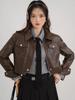 Americký vintage sladký horký dívčí styl kávové barvy dámská kožená bunda podzim nový designový smysl krátká motorkářská bunda top