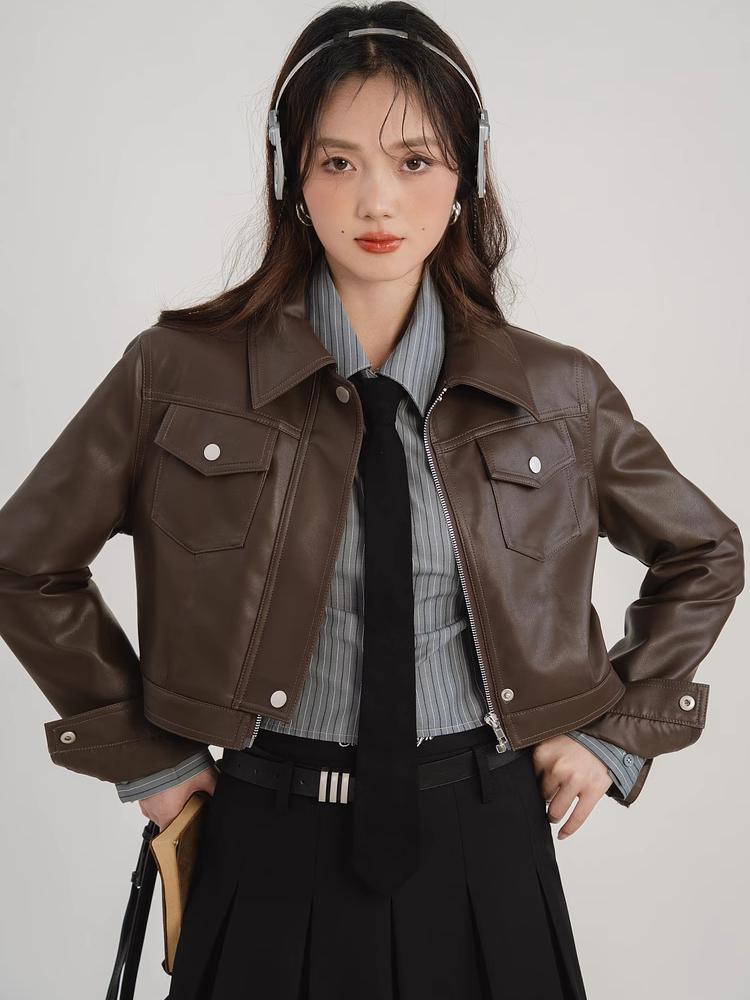 Americký vintage sladký horký dívčí styl kávové barvy dámská kožená bunda podzim nový designový smysl krátká motorkářská bunda top