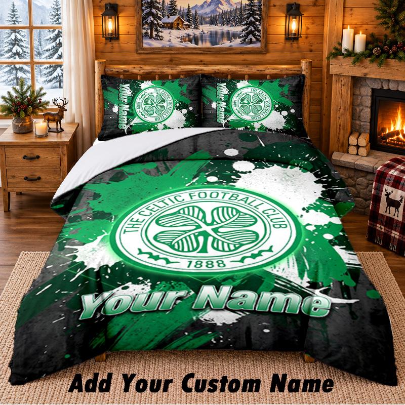 Celtic FC Pattern Bedding 3Pcs Set Custom Name, Bed Sheet And Pillowcases For Home Bedroom