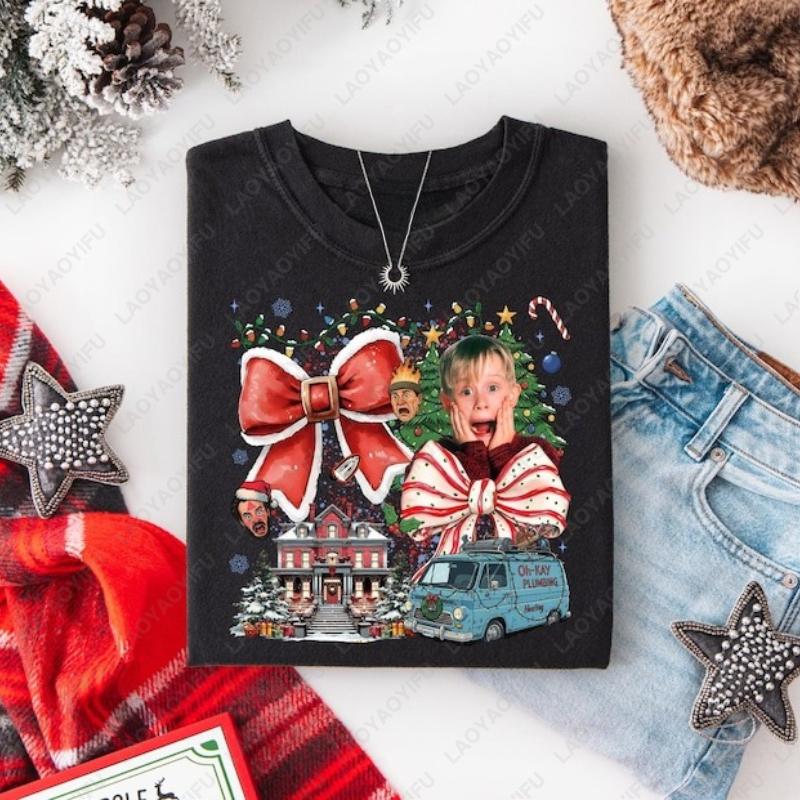 Home Alone Retro 90s Christmas Movie Adult Cotton TShirt McCallister Cute Bow Fun Festival Graphic Printed Oneck Women Tops