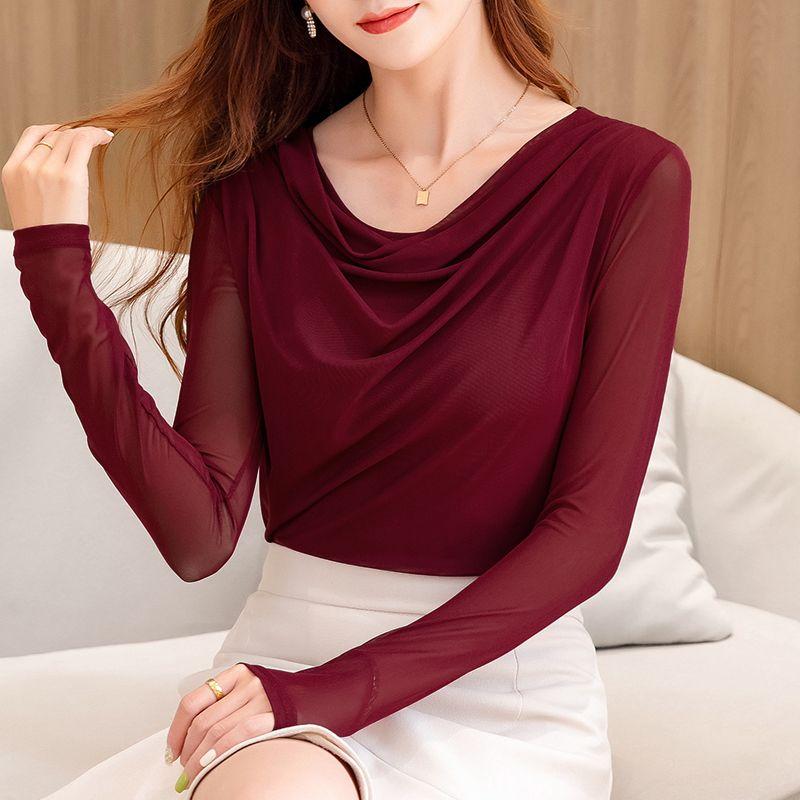 Fashion Women Spring Autumn Thin Mesh Blouse Stacked Neck Slim Fit Long Sleeve Base Layer T Shirt