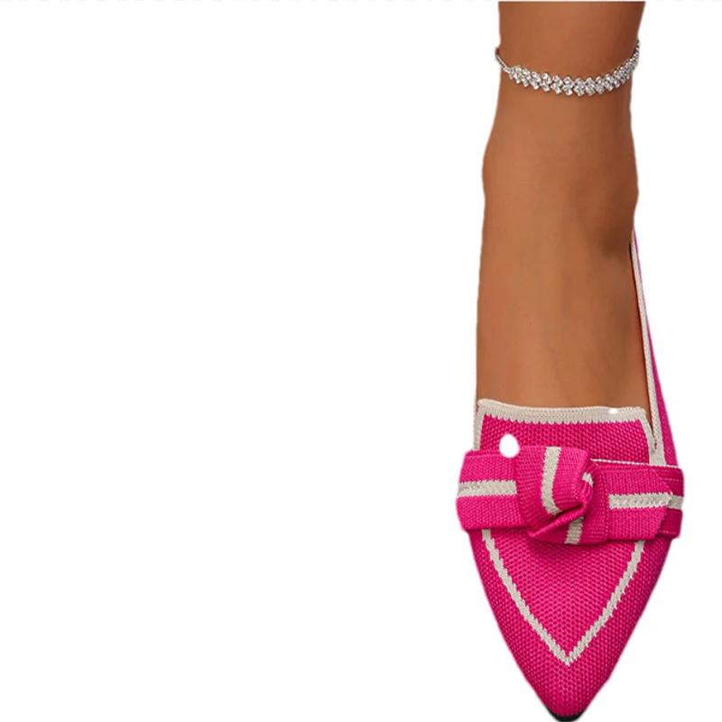 Женские трикотажные туфли-лоферы с заостренным носком и бантом на плоской подошве — фото 6