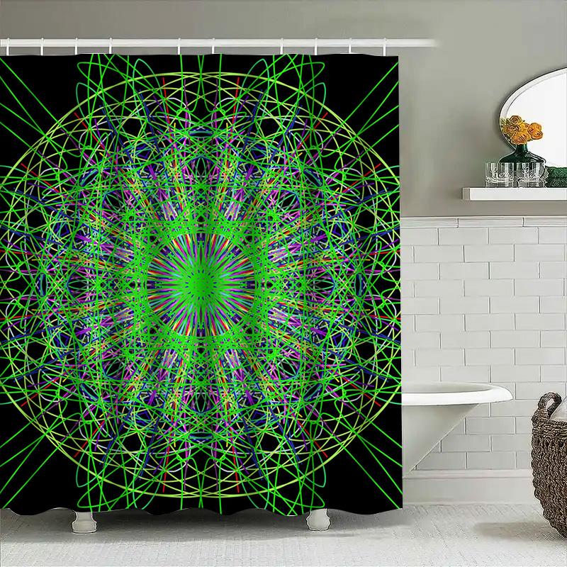 Colorful Mandala Shower Curtain Waterproof Home Decor For Bathroom Modern Green And Pink Abstract Design (175Cmx180Cm)