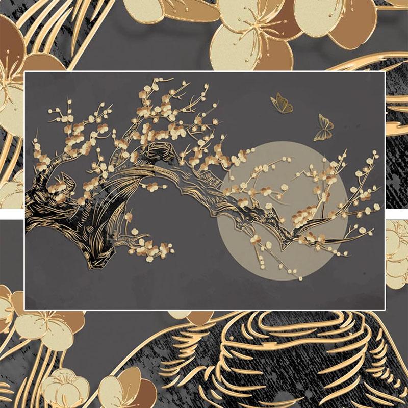 3D Wall Mural Plum Blossom Moon 3D Golden Relief Lines Wallpaper Living Room TV Sofa Mural