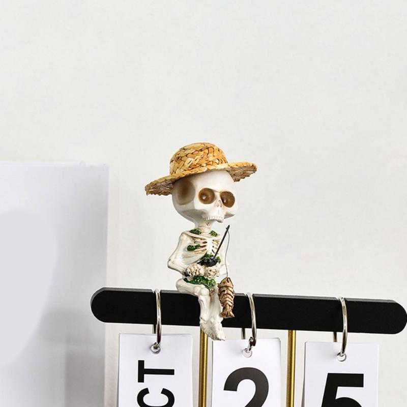 Miniature Resins Skeleton Fishing by Pond Intricate Detailing Figurine Gift for Collectors and Halloween Enthusiasts