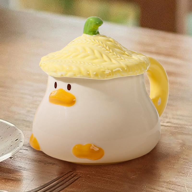 Cute Duck Coffee Mug Novelty Funny Tea Cup With Hat Lid 400ml Cartoon Ceramic Drinkware Tableware With Handle For Kids And Adult