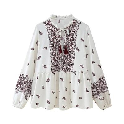 A New Spring Women's Fashion and Casual Long-sleeved Shirt with A Round Neck and Printed Necklaces