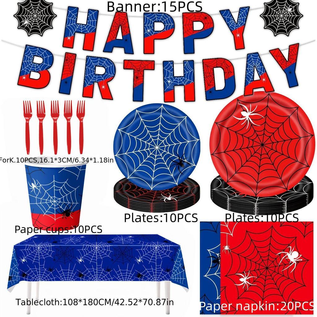 Rood en Blauw Spinnen Verjaardagsfeest Decoratieset: Banner, Krullen, Trekbloemen, Poster, Frietbakjes.