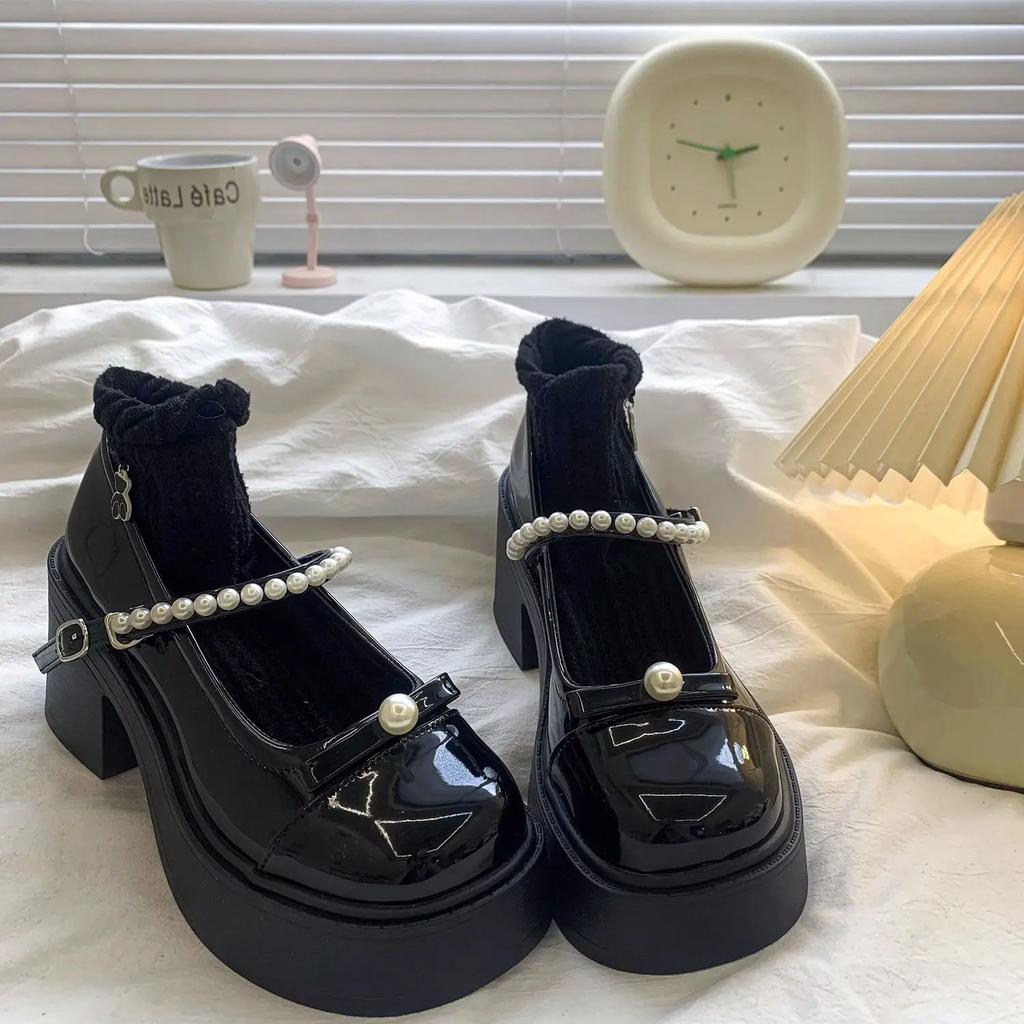 Fashion Cute Gothic Pearl High Heels Women's Shoes Japanese Style Lolita Mary Jane Round Toe Ladies Pumps Kawaii on Heeled Wholesale Y2k