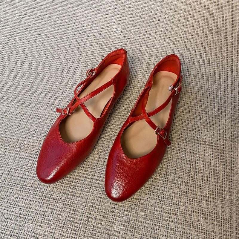 Washed cowhide~ Red ballet shoes retro leather cross-strap Mary Jane shoes women's round head shallow mouth flat-soled single shoes