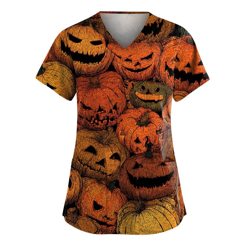 Damenmode V-Ausschnitt Kurzarm Overalls mit Taschen Halloween Bedruckte Oberteile Bekleidung