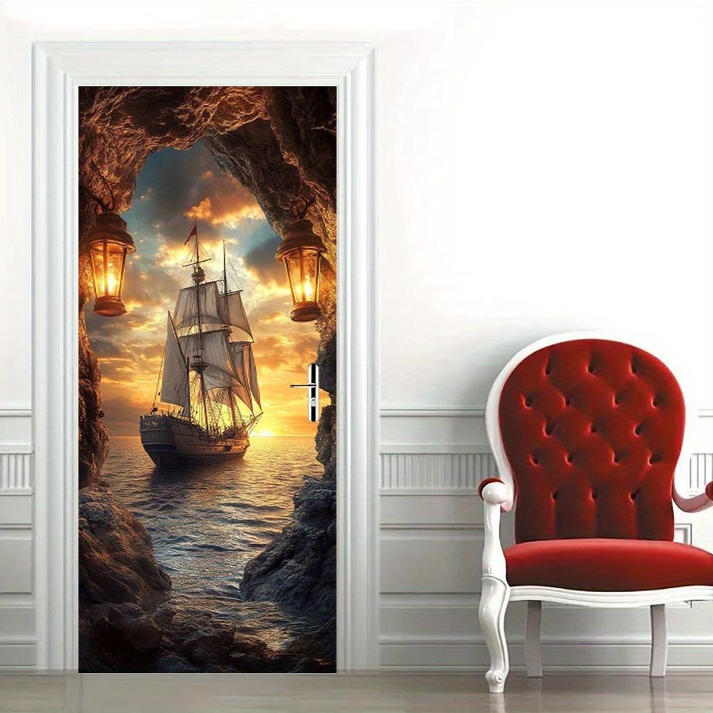 1/2pc Ocean Wall Mural Door Sticker - Removable Self-Adhesive PVC Door Sticker with Sunset and Sailing Scene, Cartoon Theme Home Decor
