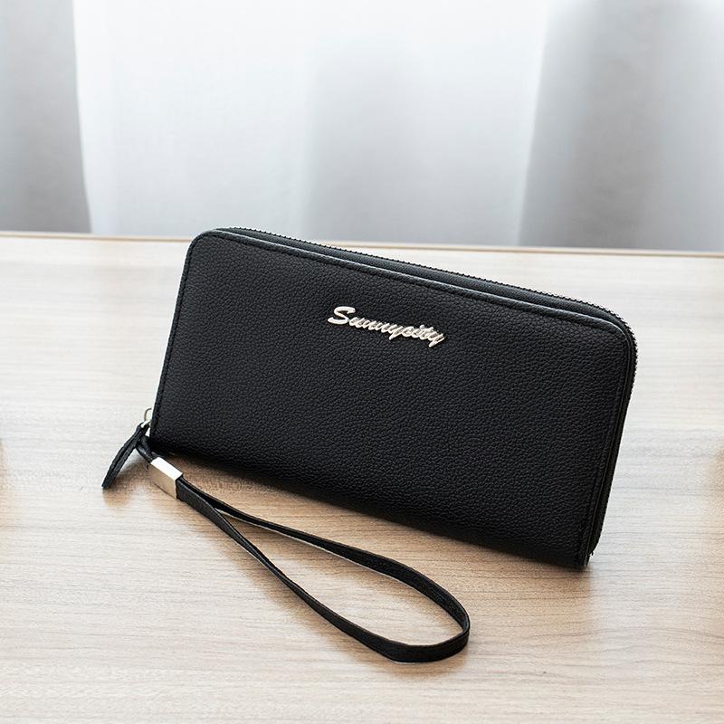 

Lychee pattern long wallet trendy fashion versatile can hold the letter hardware solid color clutch bag чёрный