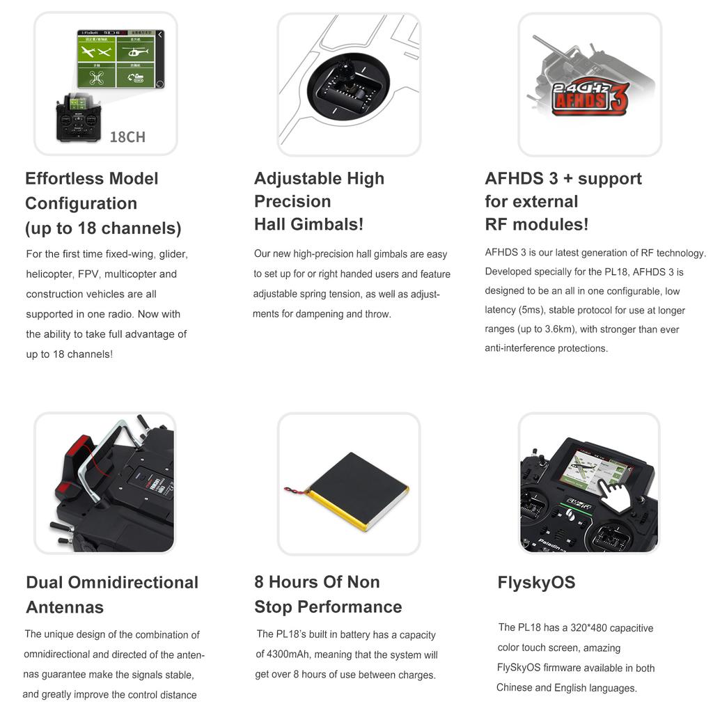 Flysky Paladin PL18 2.4G 18CH Radio Transmitter with FS-FTr10 FTr16S Receiver HVGA 3.5 Inch TFT