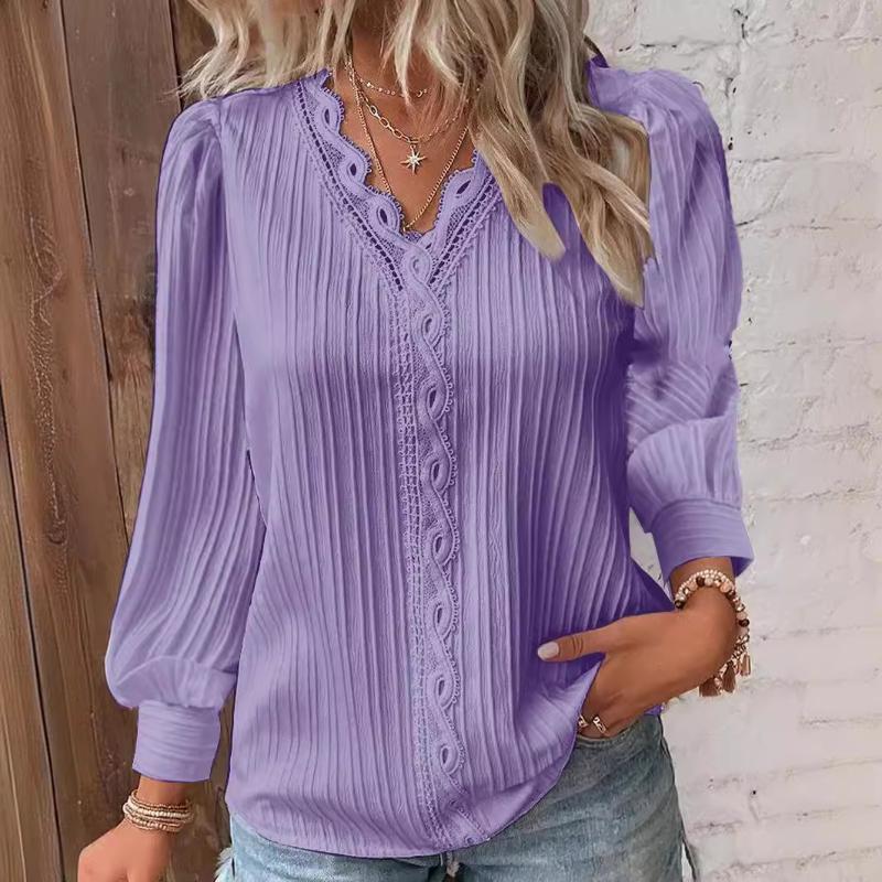 Women's V Neck Top Soft Shirt Lace Long Sleeves Shirt for Spring and Autumn