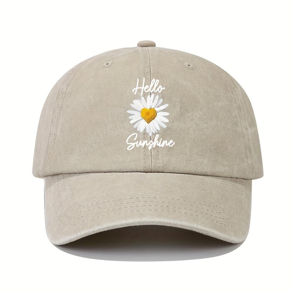 Hello Sunshine Daisy Printed Distressed Baseball Cap Lightweight Dad Hat with Adjustable Curved Brim Multiple Colors Availab