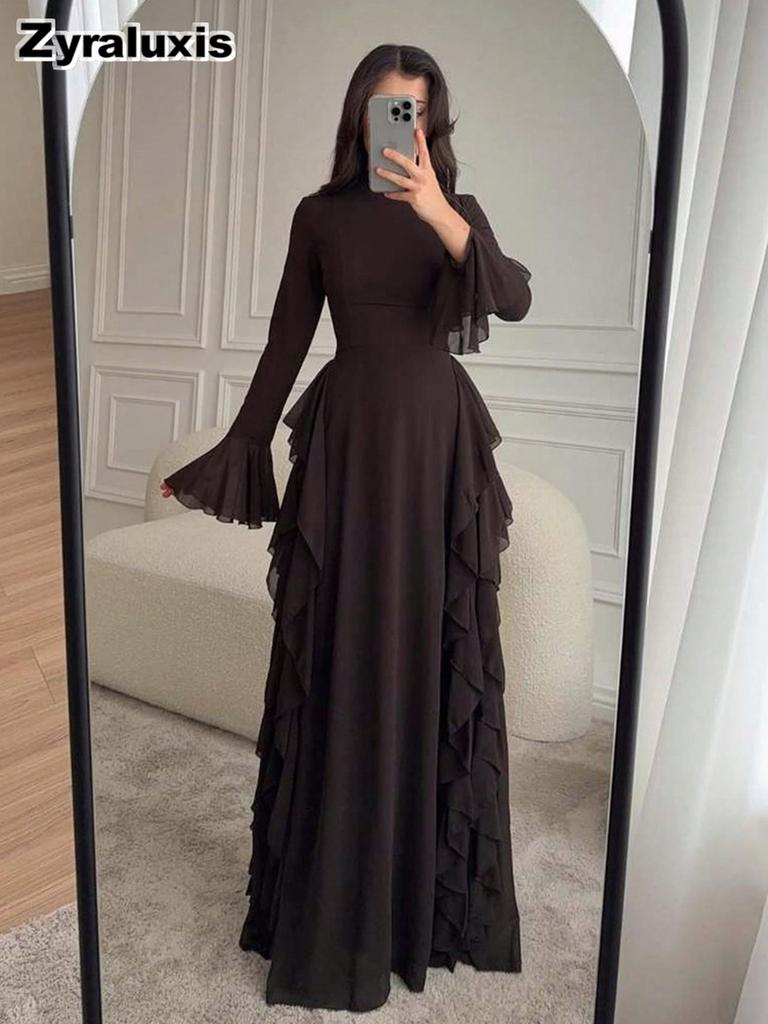 New Women's Elegant Casual High Waist Solid Color Bell Sleeve Dress