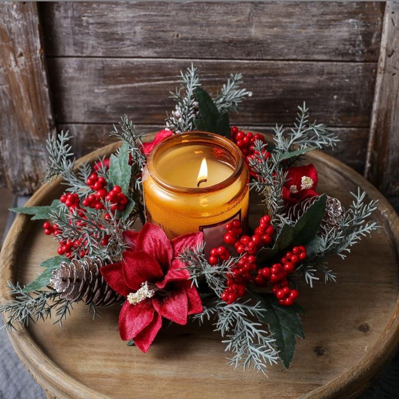 Door Wall Window Christmas Ornament Artificial Pinecone Candlestick Wreaths with Red Berries & Leaf Table Centerpiece