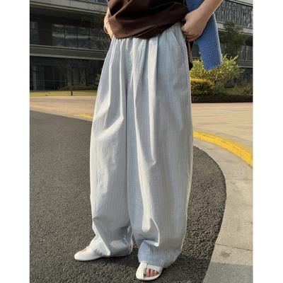Korean Lazy Relaxed Striped Women Pants Spring Summer Casual Elastic Waist Loose Wide-leg Trousers