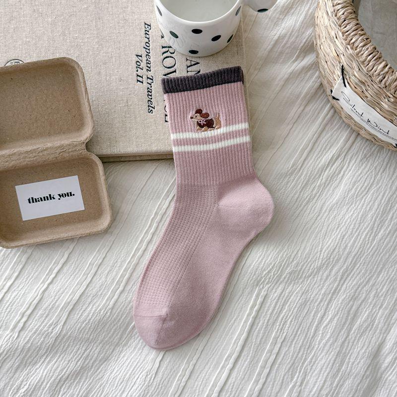 

Cute Cartoon Puppy Embroidered Mid-Calf Socks - Combed Cotton, Korean Style, Spring Collection One Size