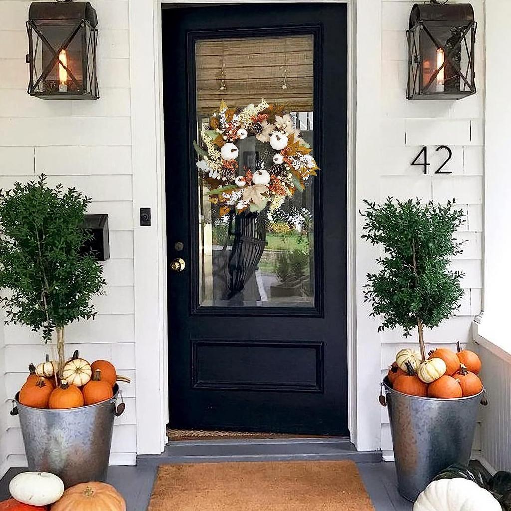 Autumn White Pumpkin Wreath Thanksgiving Decoration Maple Leaf Wreath For Front Door Hanging Indoor Outdoor Wall Home Decor 2025