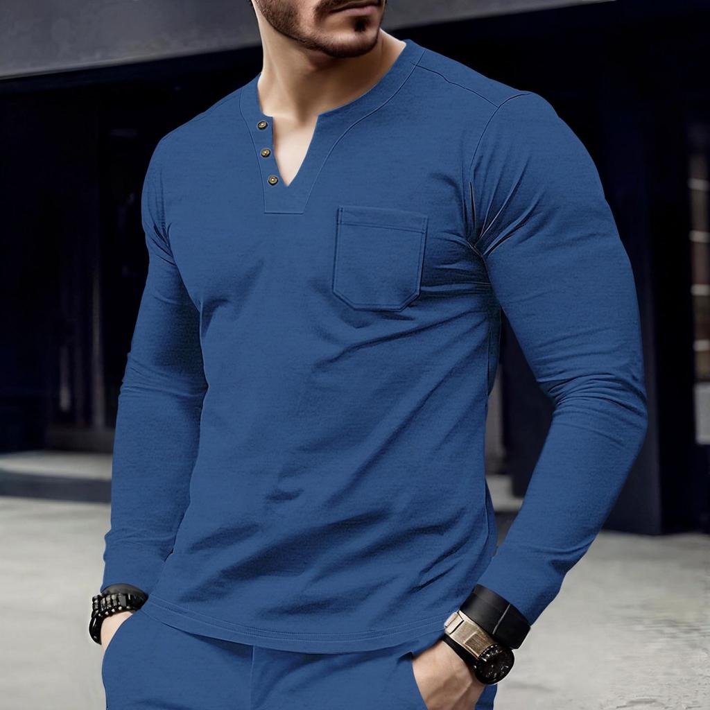 Men's Casual ,color Top, Men's Long,sleeved Button Pocket V,neck Top
