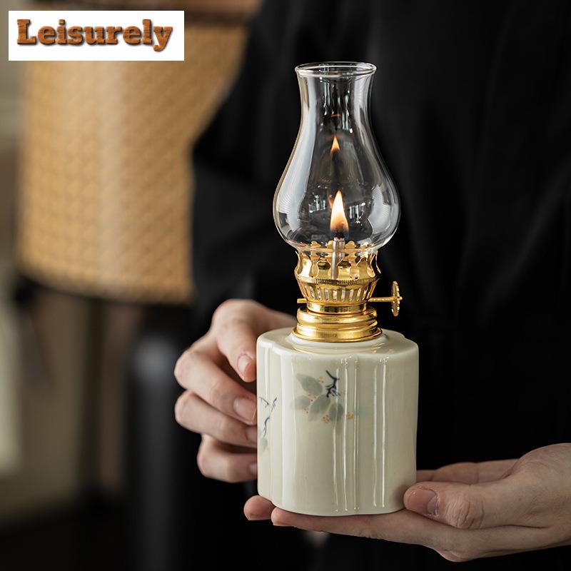 Hand-painted Ceramic Butter Lamp Camping Atmosphere Home Tealight Kerosene Chinese Tea Room Creative Decoration Ornament Crafts