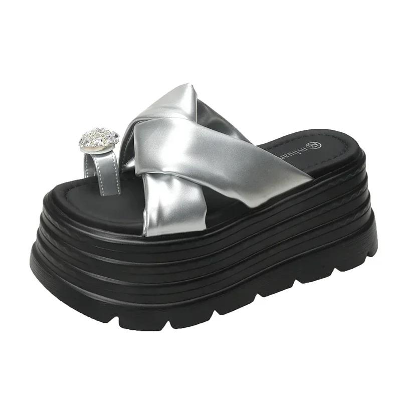 Fashion 8CM Embed Rhinestones Heels Wedge Slides Sandals Women Casual Outdoor Slippers Female Summer Beach Slipper Walking Chunky Shoes