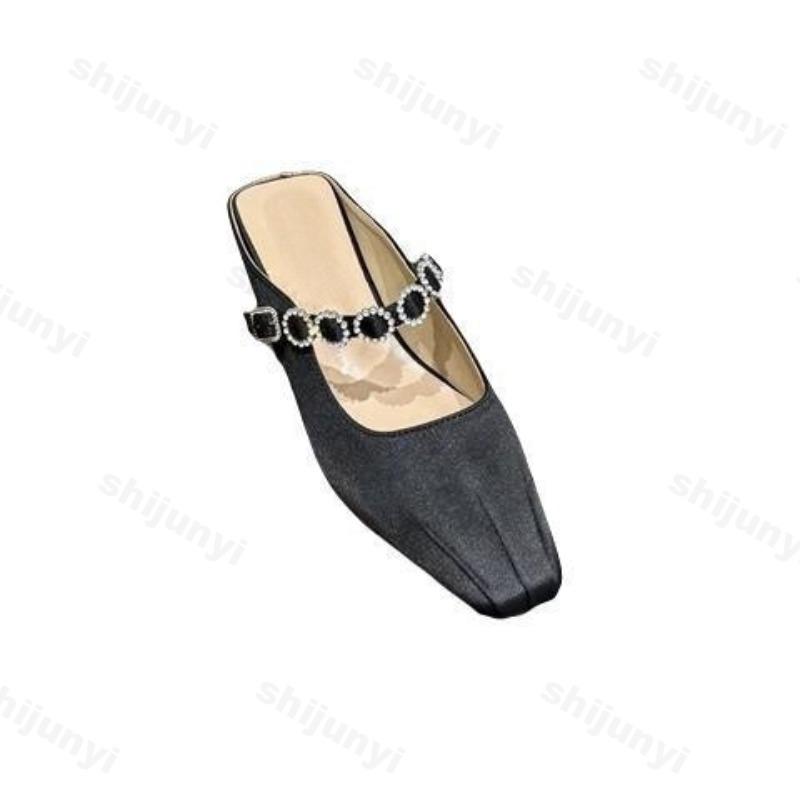Women's Slippers 2026 New Summer Fashion Sandals Rhinestone Half Drag Thick Heel Mary Jane Shoes Elegant Low Heel Women's Shoes