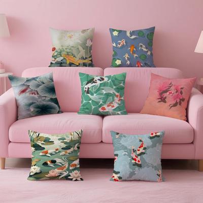Natural Fun Koi Fish Lotus Cushion Cover Pillow Case Soft Skin Friendly Fabric Concealed Zipper
