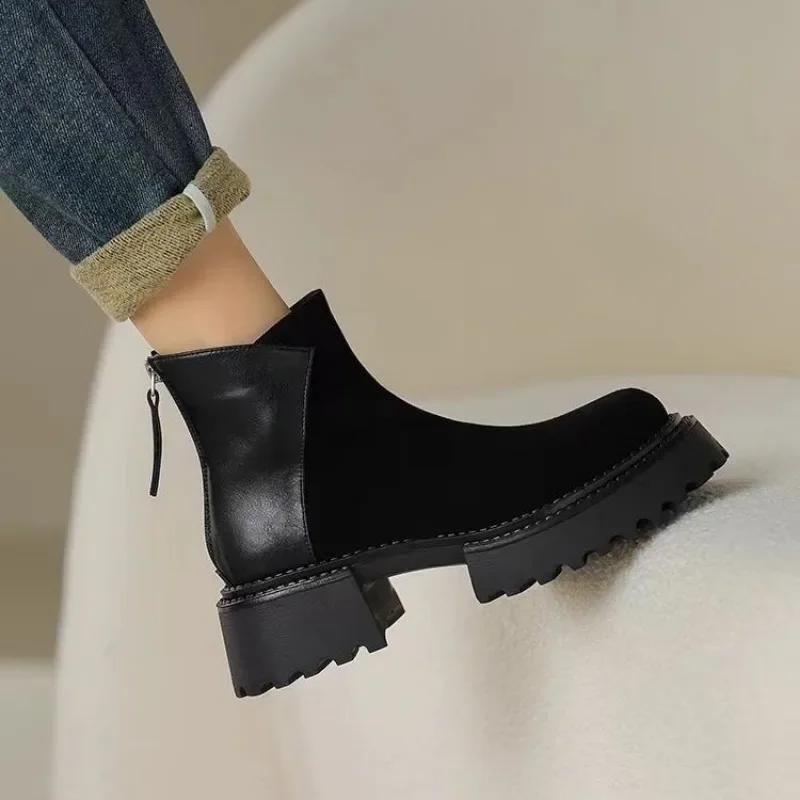 

Модная женская обувь 2024 года, модные женские ботинки на молнии, осенне-зимние, с круглым носком, плюшевые, флисовые, для тепла, однотонные, короткие, голые ботинки 40
