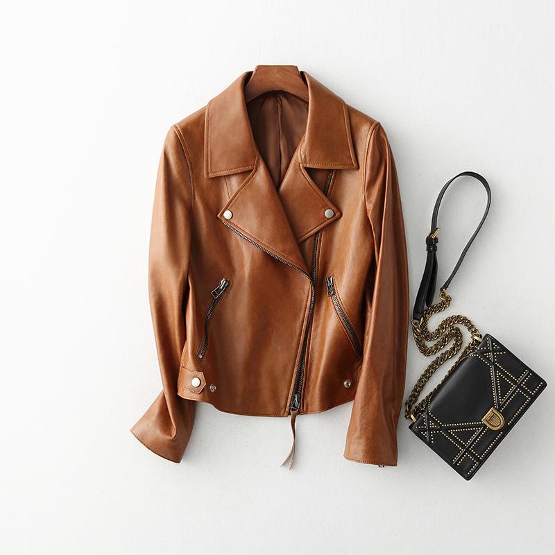 

Весна и осень, новый стиль, куртка из овчины для женщин, универсальная короткая мотоциклетная куртка из кожи растительного дубления в корейском стиле 3XL