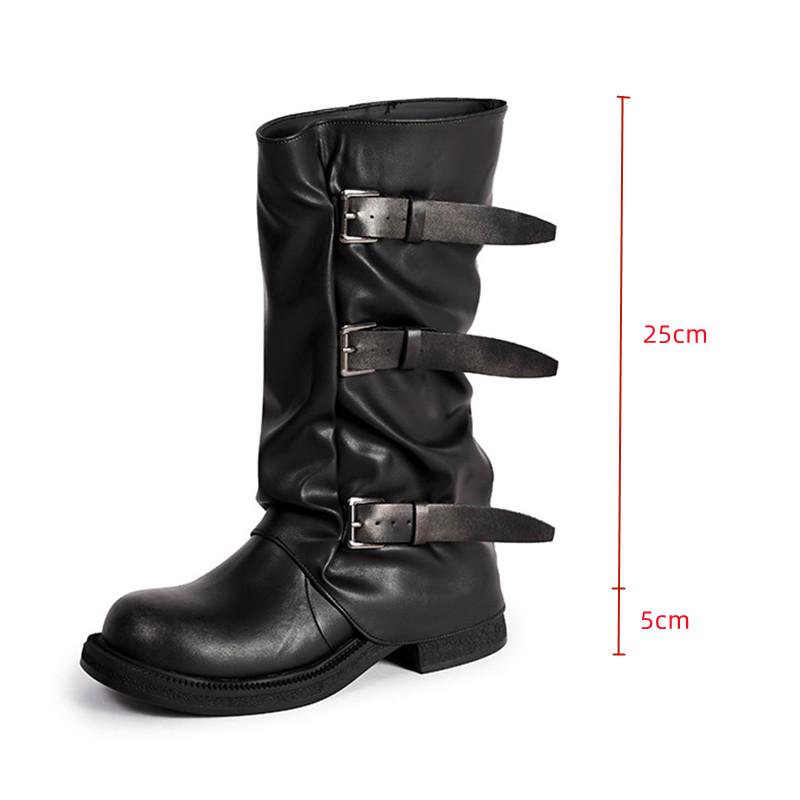 Vintage Soft Leather Belt Strap Buckle Mid-Calf Women Motorcycle Boots Thick High heels Autumn Winter Knight Booties